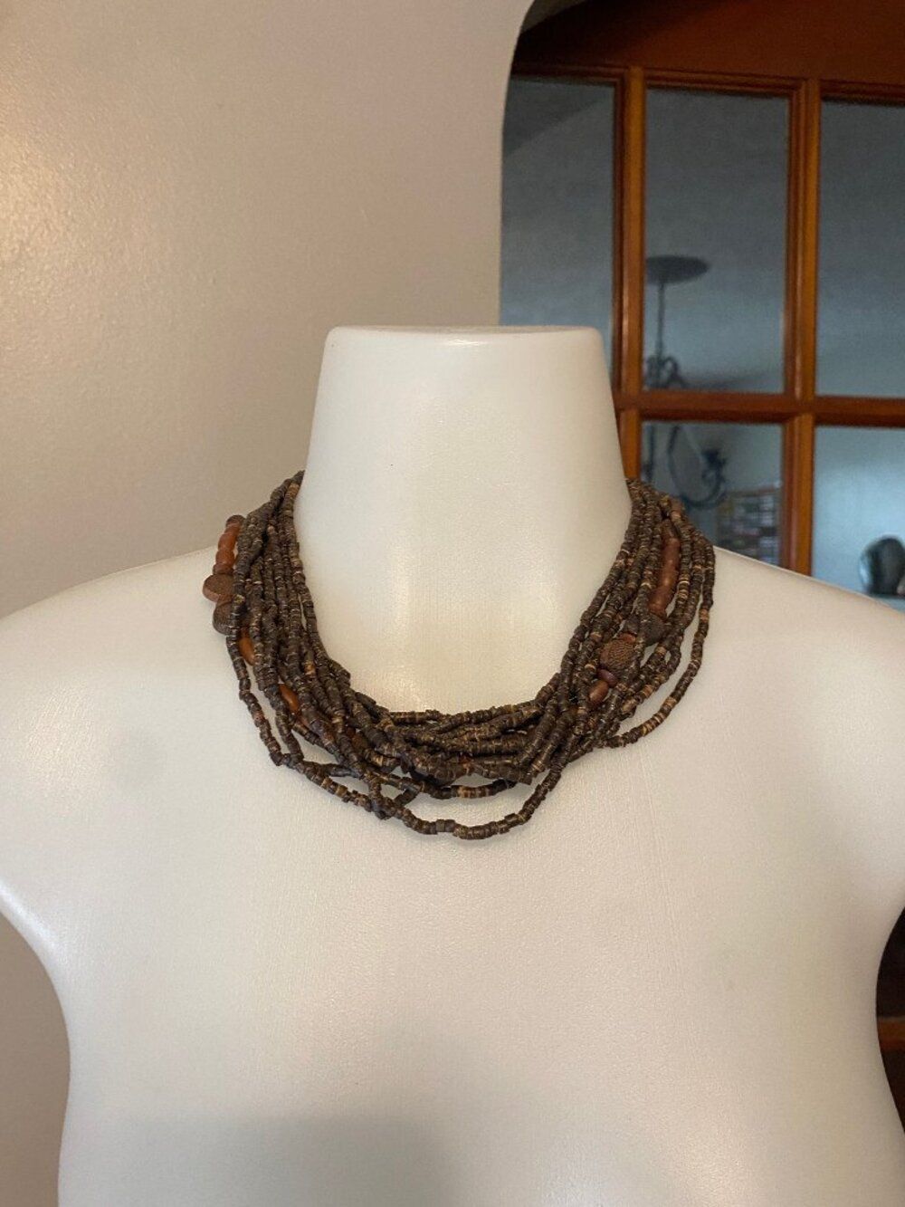 Brown Multi Strand Wooden Beaded Boho Statement Necklace